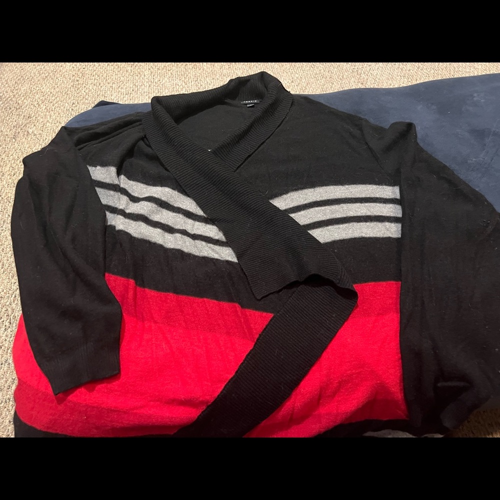 Torrid, Size 5, wool blend, drape front cardigan, black w/ red and gray stripes